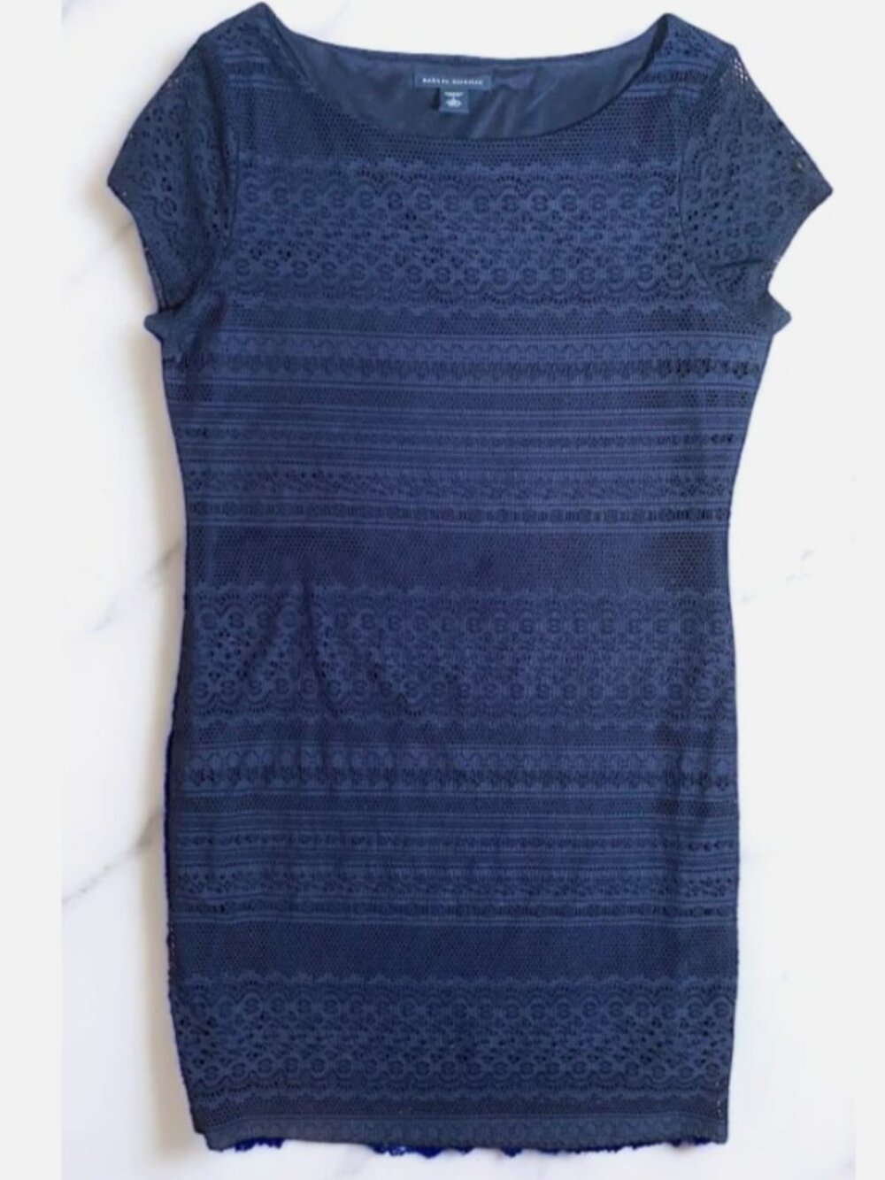 Banana Republic Dress Navy Blue Lace Overlay Short Sleeve Petite Large